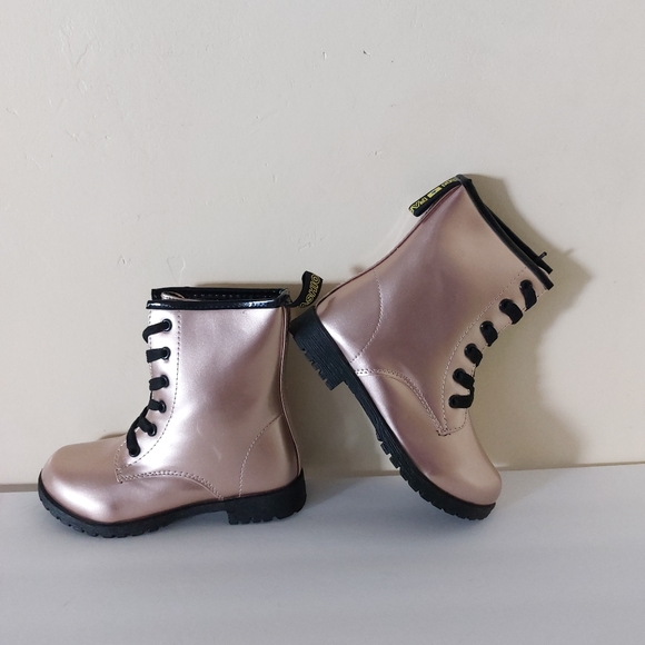 Girls Rose Gold Faux Leather Mid-Calf Lace Up NWT Combat Boots Lug Sole 13 - Picture 7 of 11
